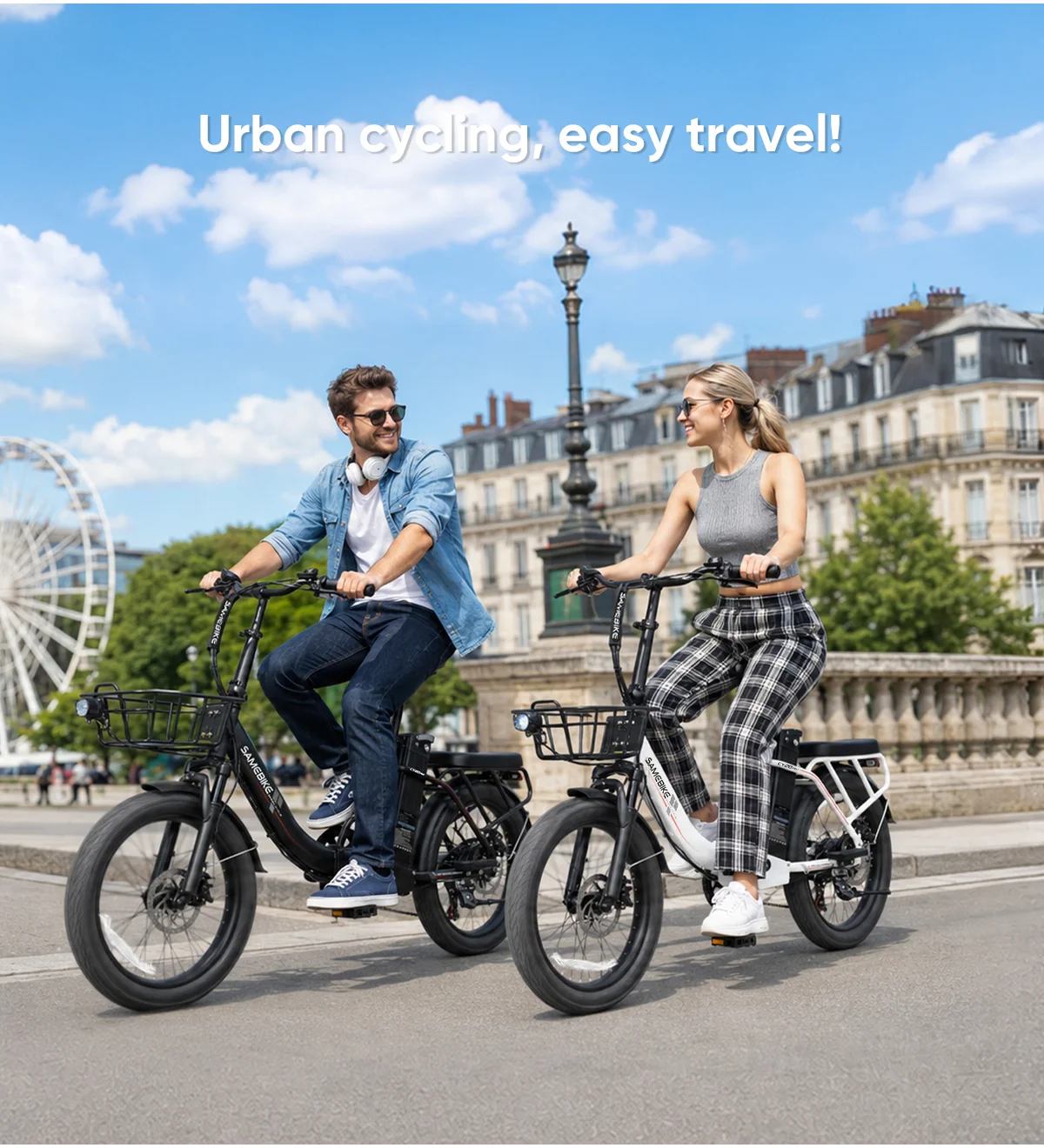 Dvě barevné varianty SAMEBIKE CY20 Pro-FT při jízdě ve městě