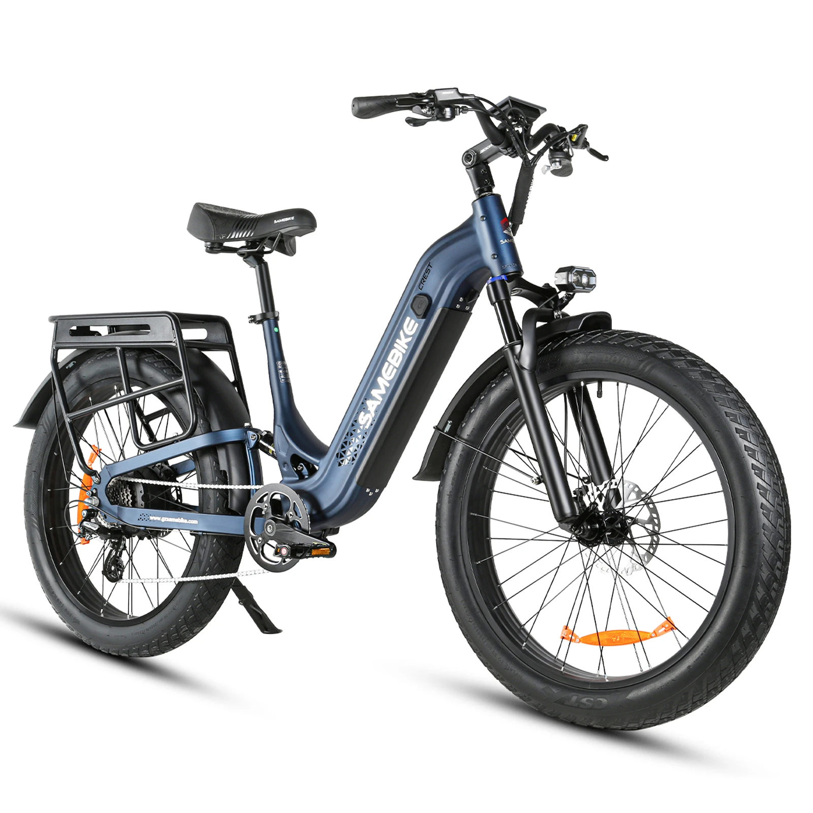 Ocelově modrá SAMEBIKE CREST – tříčtvrteční pohled zezadu