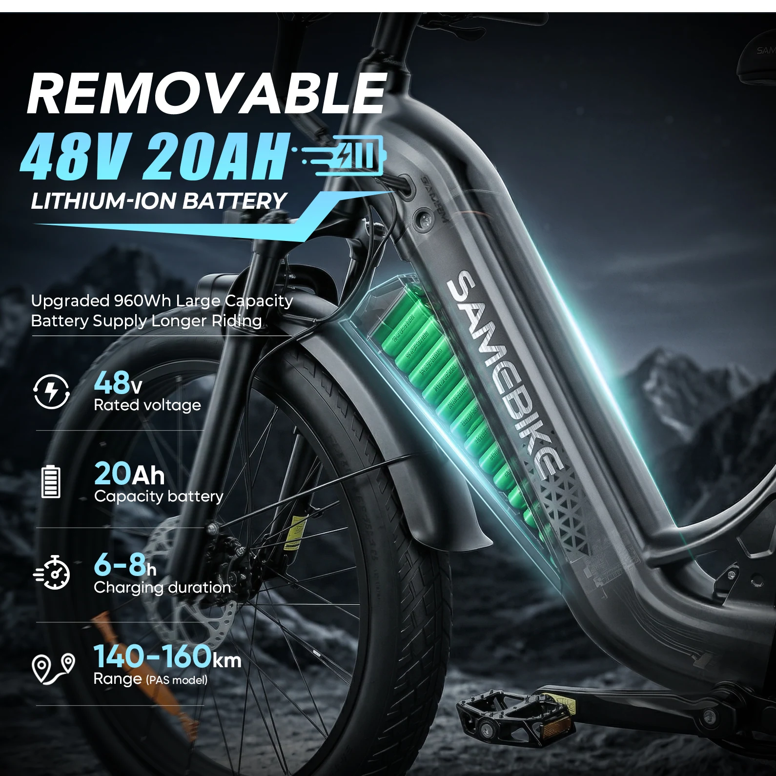 Vyjímatelná baterie SAMEBIKE CREST s dobou nabíjení 6 až 8 hodin