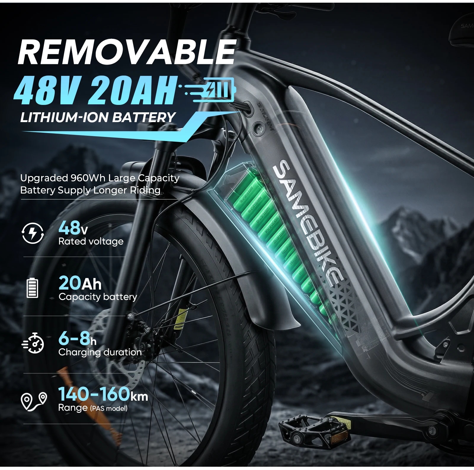 Vyjímatelná baterie SAMEBIKE STORM s dobou nabíjení 6 až 8 hodin